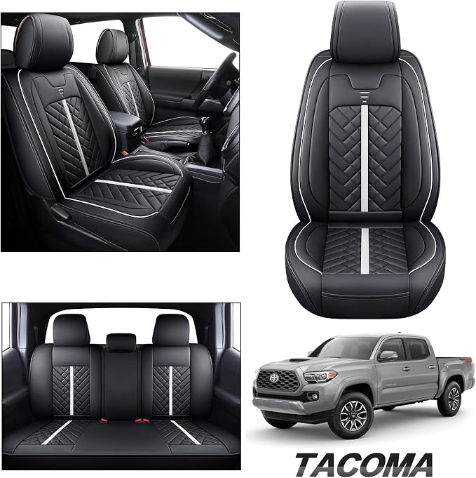 Tomatoman Tacoma Seat Covers Compatible with Toyota Tacoma 2005-2022 2023 2024 2025 2026 Truck Access Crew Double Cab TRD Offroad SR5 V6 Waterproof Faux Leather Car Cushions(Full Set/Black-White)