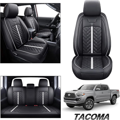 Tomatoman Tacoma Seat Covers Compatible with Toyota Tacoma 2005-2022 2023 2024 2025 2026 Truck Access Crew Double Cab TRD Offroad SR5 V6 Waterproof Faux Leather Car Cushions(Full Set/Black-White)
