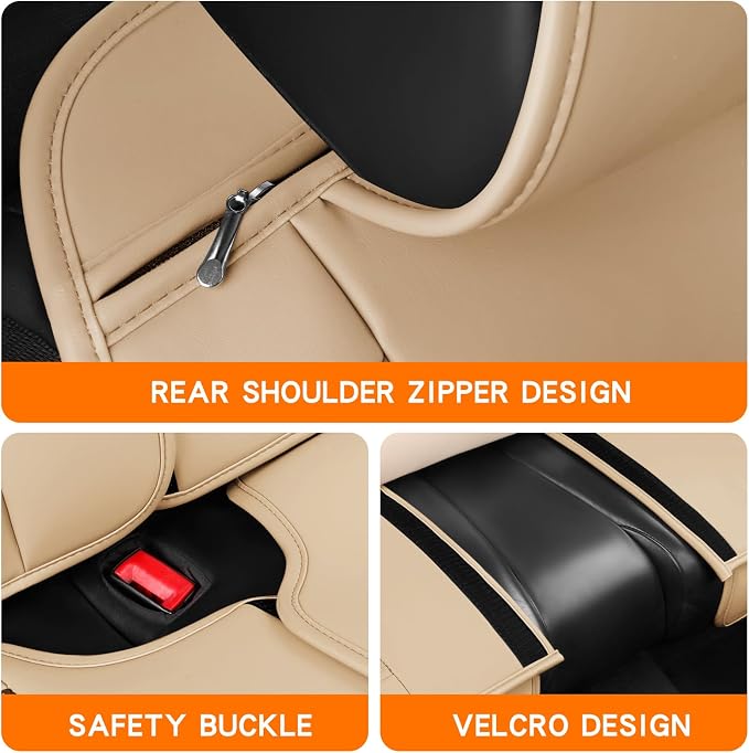 MINGBRON Car Seat Covers Full Set,Black Beige Car Seat Cover, Car Seat Protector Waterproof, Nappa Leather Car Seat Cushion, Fit for Most Cars