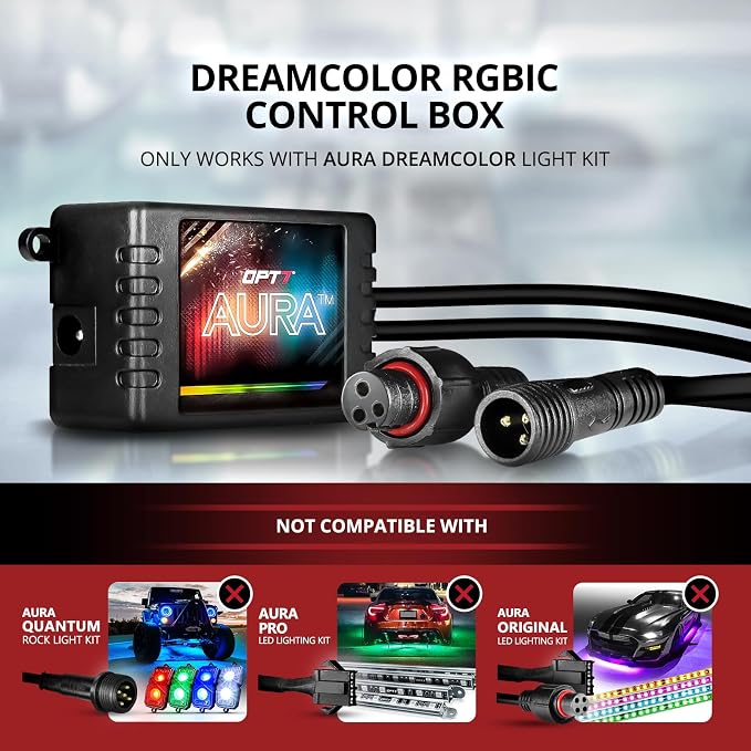OPT7 Aura DreamColor RGB-IC LED Car Interior Light Strips, 4PC Neon Ambient Lighting Kit with APP & Remote, 12V Music Color Chasing Lights for SUV Truck Van, Under Dash Decor