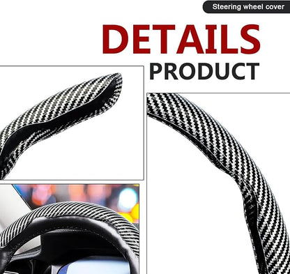 3pcs Universal Carbon Fiber Steering Wheel Cover - Anti-Slip & Segmented Design, Universal 99% Durable Steering Wheel Protector for Men and Women, Car Interior Accessory (Silver)