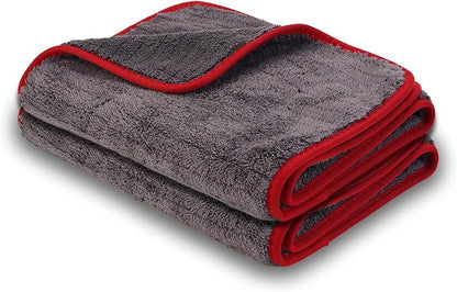2-Pack 1200 GSM Car Drying Towels – Microfiber Towels for Cars (36" x 12"), Ultra-Absorbent, Streak-Free, Scratch-Free, No Water Spots, Double-Coral Fleece Microfiber & Gray & Red Hemmed Edges