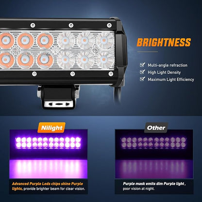 Nilight LED Light Bar 12 Inch 72W Spot Flood Combo Purple Beam Off Road Lamp Fishing Hunting Emergency Deck Work Lighting for Trucks UTV Pick-up Van Boat Tractor