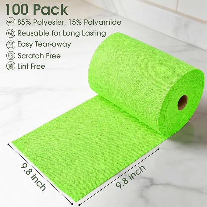 Microfiber Cleaning Cloth Roll - 100 Pack Tear Away Microfiber Paper Towels, Reusable, Washable, Scratch-Free, Kitchen Towels for Car, Home, Kitchen, Glass, Dishes (Neon Green)