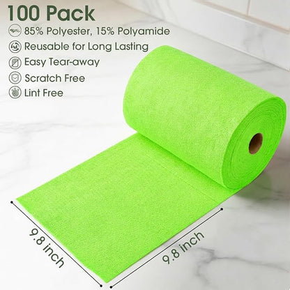 Microfiber Cleaning Cloth Roll - 100 Pack Tear Away Microfiber Paper Towels, Reusable, Washable, Scratch-Free, Kitchen Towels for Car, Home, Kitchen, Glass, Dishes (Neon Green)