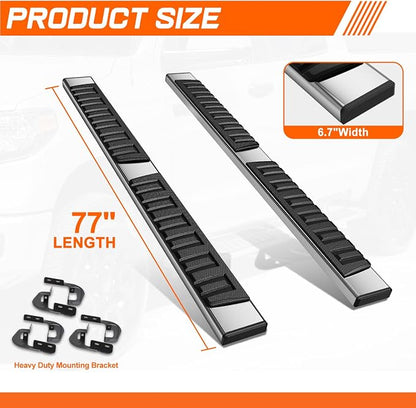 6.7" Running Boards Side Steps for Truck Compatible with 2007-2019 Chevy Silverado/GMC Sierra 1500 2500HD 3500HD Extended Cab, Stainless Steel Flat Side Steps Nerf Bars, Chrome