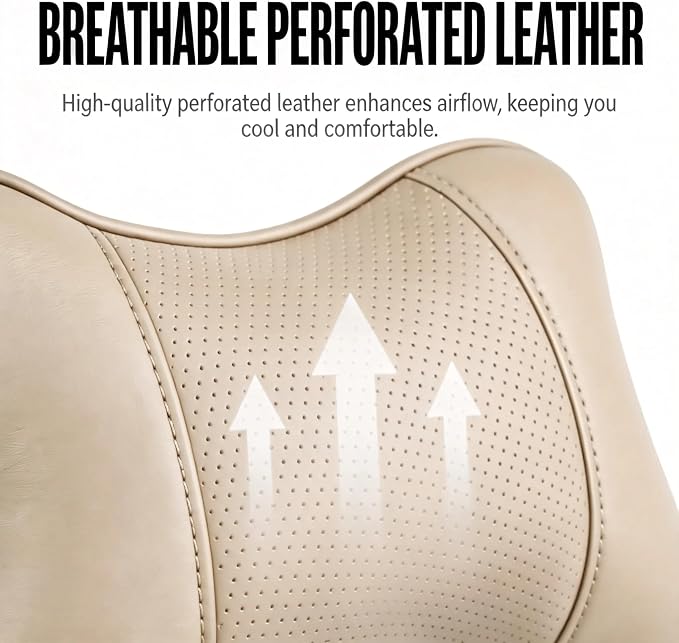 Car Pillow for Car Neck Pillow for Driving Seat Leather Neck Support Soft Cushion Support Head-Rests for Vehicle Sleeping with Elastic Adjustment Strap 2PCS (Neck, Beige)
