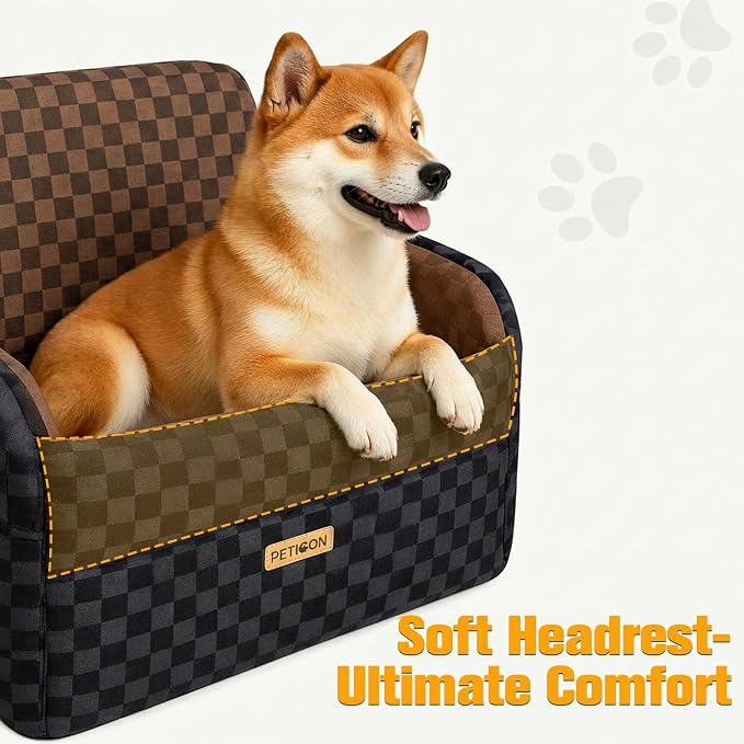 PETICON Waterproof Dog Car Seat for Small Medium Dogs, 5in Memory Foam Pet Booster Seat for Dogs up to 35 lbs with Pockets, Detachable Washable Pet Carseat with Y-Shape Safety Belt (Brown, Medium)