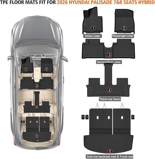 All Weather Car Floor Mats Cargo Liner with Backrest Mat for 2026 Hyundai Palisade 7&8 Seats Hybrid, TPE Rubber Liners Full Set Automotive Mats for 2026 Hyundai Palisade Accessories
