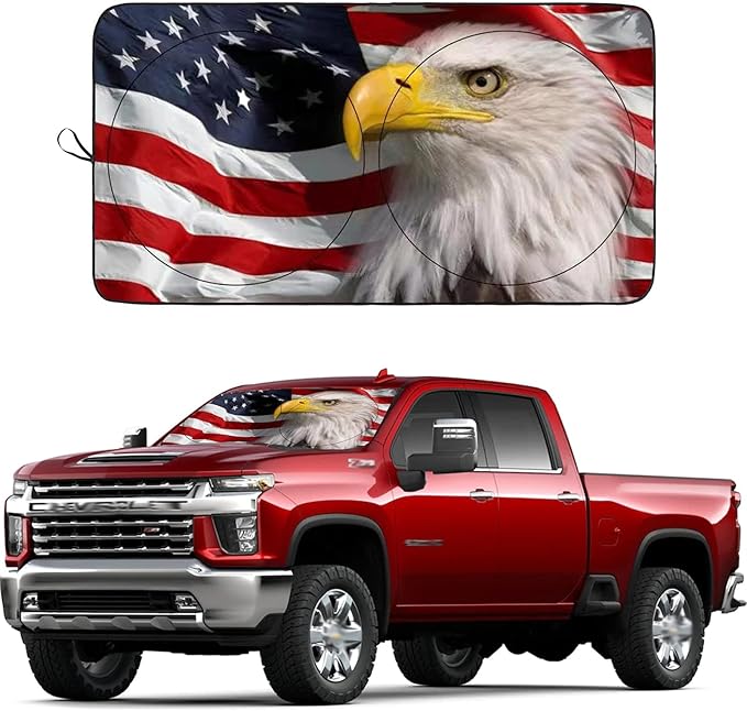 SEPORUD Windshield Sun Shade New American Eagle Flag USA Patriotic Design - Folding Car Front Window Sunshade for Cars SUV Trucks, Max UV Blocking and Keep The Vehicle Cool(64"x33.5")