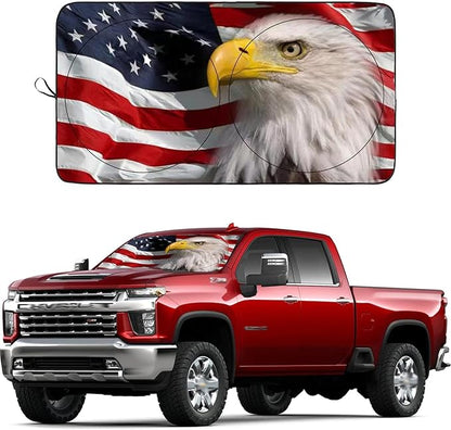 SEPORUD Windshield Sun Shade New American Eagle Flag USA Patriotic Design - Folding Car Front Window Sunshade for Cars SUV Trucks, Max UV Blocking and Keep The Vehicle Cool(64"x33.5")