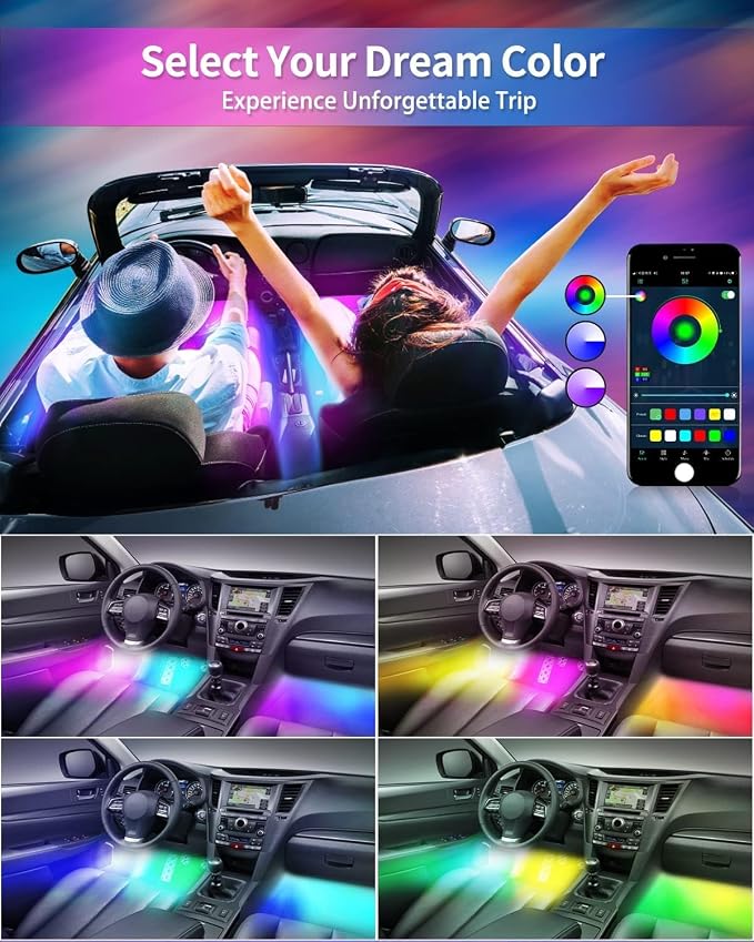 72 LED USB Interior Car Strip Lights Dream Color RGB-IC 12V DC with App RF Remote Control Multicolor Footwell Under Dash Chasing Inside Light Kits Music Sync Mode LED Lights for Cars Truck ATV UTV