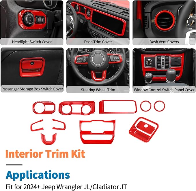 JeCar 11pcs Red Interior Trim Kit for 2024 2025+ Jeep Wrangler JL JLU & Gladiator JT