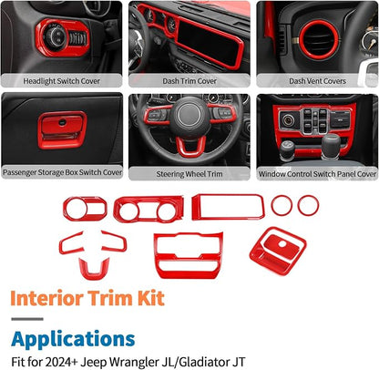 JeCar 11pcs Red Interior Trim Kit for 2024 2025+ Jeep Wrangler JL JLU & Gladiator JT