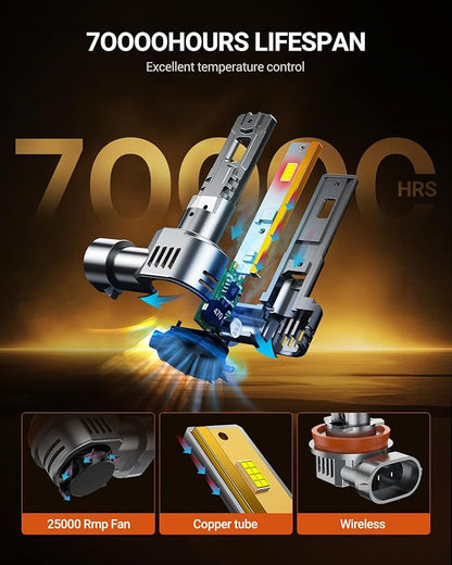 SEALIGHT 9005/HB3 H11/H8/H9 Bulb 10x Brightness 140,000LM Wireless, HB3 H9 Lights With Cooling Fan, 1:1 Subsize Quick Installation 70000Hrs Lifespan, Headlight Eyebrows, Pack of 4