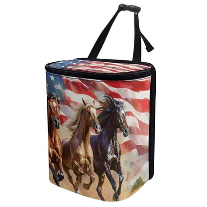Talayituse Horse American Flag Print Car Trash Bin, Large Size Auto Trash Can Adjustable Portable Garbage Can with Lid, Vehicle Hanging Bag for Headrest Front Back Seat