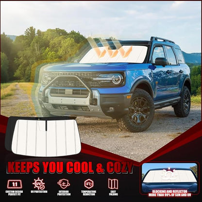 Windshield Sun Shade for Ford Bronco 2021-2026, Front Window Visor Accessories, Folding Design Blocks Heat & UV Rays Maintain Cool Interior and Save Space