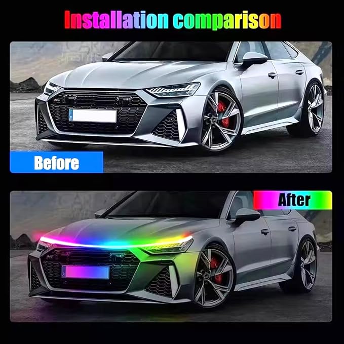 Car LED Hood Light Strip, 12V Flexible Waterproof Daytime Running Lights for Car, Universal Engine Cover Decoration Accessories for Cars, SUVs, Trucks, Dynamic Scan Start-up Effect (RGB, 70 Inches)