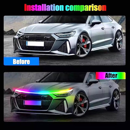Car LED Hood Light Strip, 12V Flexible Waterproof Daytime Running Lights for Car, Universal Engine Cover Decoration Accessories for Cars, SUVs, Trucks, Dynamic Scan Start-up Effect (RGB, 70 Inches)