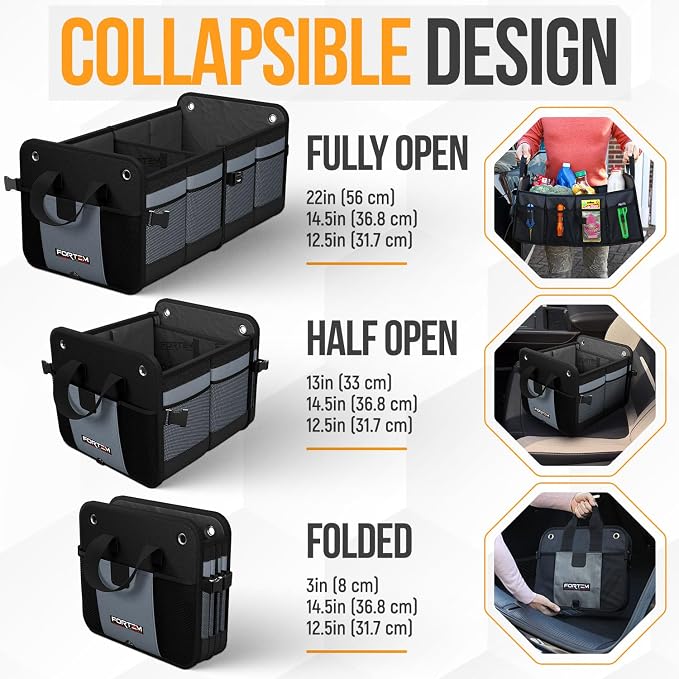 FORTEM Trunk Organizer For SUV Car Organizer and Storage, Multi-Compartment Storage Bag Car Accessories for Women Men, Perfect Christmas Gifts, 1680D Oxford, Non Slip Bottom, Straps, Soft Cover (50L)