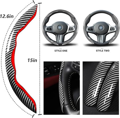 Car Steering Wheel Cover Set Bright Carbon Fiber Wrap Non-Slip 3pcs Steering Wheel Accessories 14.5-15 inch Universal (Silver)