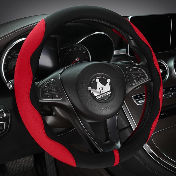 HighnessHwoo Luxury Suede Steering Wheel Cover for Cars, Soft Leather Padded Wheels Cover for Sedan, SUV, Thin Car Handle Cover, Universal Fit, Anti Slip, 14.75-15.15in, Red