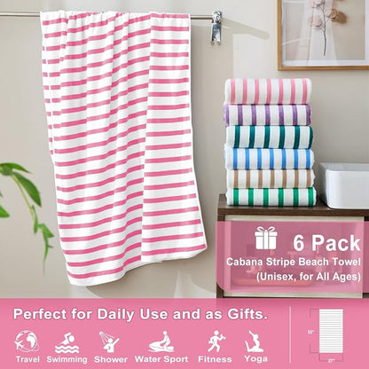 JML Microfiber Beach Towels Set of 6, 27" x 55", Cabana Stripe Pink | Hanging Loop, Soft, Absorbent & Quick Dry, Lint Free, Fade Resistant, for Travel, Summer Party, Swimming, Pool, Yoga, Camping