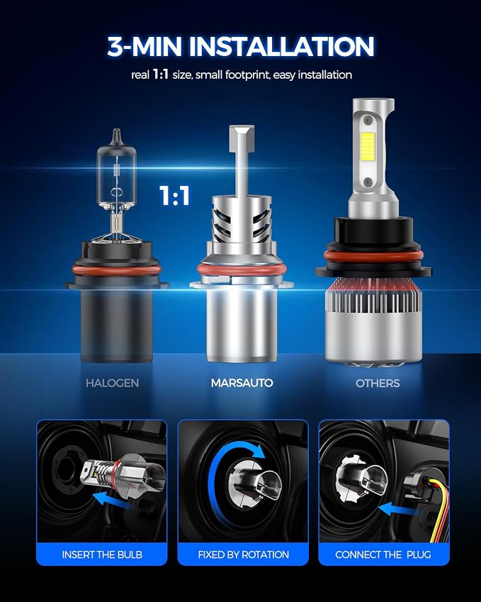 Marsauto 9004 Bulbs 70000LM Brighter, 6500K Cool White M4 9004 Fog bulbs, True 1:1 Halogen Size Match, Quick Plug & Play Setup, 80,000-Hour Long, Pack of 2, Headlight Adjusting Screws
