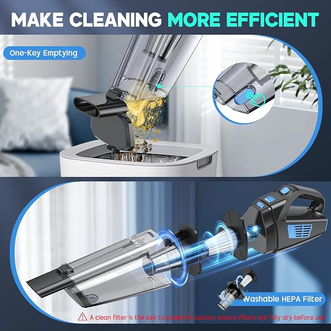 CKIKH Handheld Vacuum Cordless, 15000PA Strong Suction Hand Held Car Vacuum Cleaner Portable with Multi-Nozzles & Washable Filter, Lightweight Rechargeable Vacuum Cleaner for Home, Car, Office, Pets
