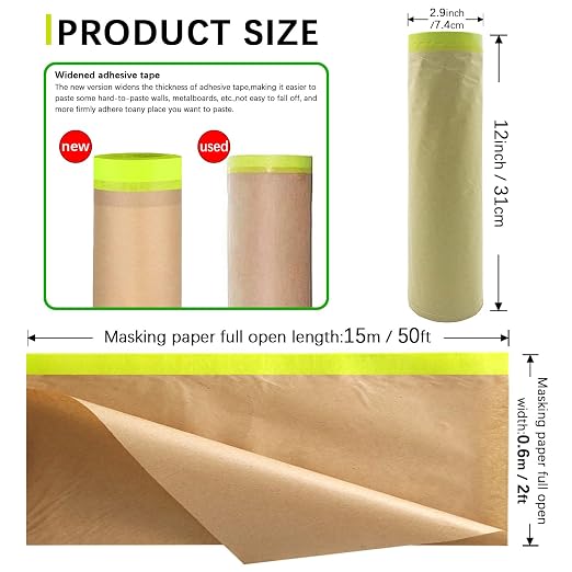 Tape and Drape, 24” x 100 feet Masking Paper for Painting, Pre-Taped Masking Paper with Adhesive, Paint Tape, Car Protection Covering Paper for Car and Furniture, Floor (2 Pack)