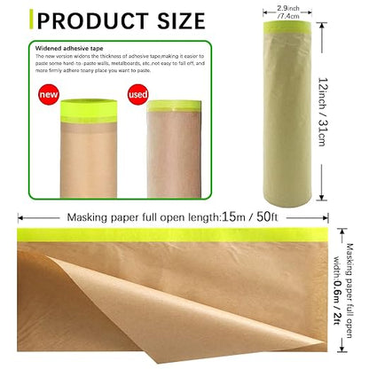 Tape and Drape, 24” x 100 feet Masking Paper for Painting, Pre-Taped Masking Paper with Adhesive, Paint Tape, Car Protection Covering Paper for Car and Furniture, Floor (2 Pack)