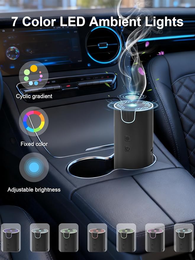 Marchred 100ML Car Diffuser, USB Rechargeable Battery Operated, Cordless Portable Essential Oil Diffuser with 7 LED Color Lights, 2 Timer Modes