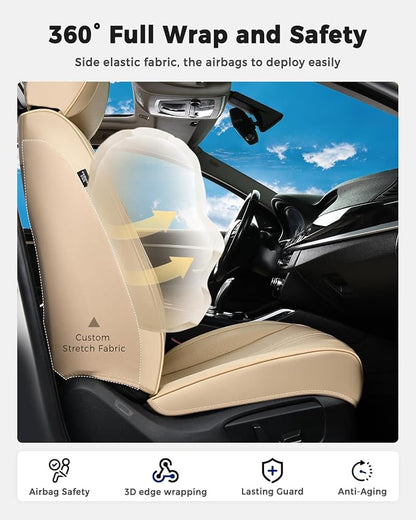 Huidasource Beige Front Seat Cover, Luxury Faux Leather Front Car Seat Cover, Compatible with Airbags, Seatbelt Buckles, Perforation Cooling＆Heating, Universal Fit for Most Cars Vans Trucks SUVs Beige