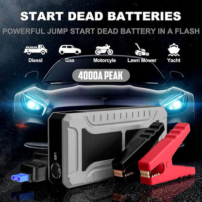 Car Jump Starter, 4000A Peak Battery Jump Starter (for All Gas or Up to 10L Diesel), Portable Battery Booster Power Pack, 12V Auto Jump Box with LED Light,Power Bank, USB Quick Charge