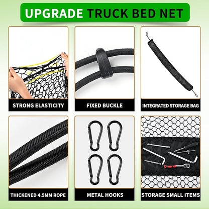 Truck Bed Cargo Net, Universal Fit for Ford F150, Chevy Silverado, GMC Sierra, Heavy Duty Storage Net with Bag