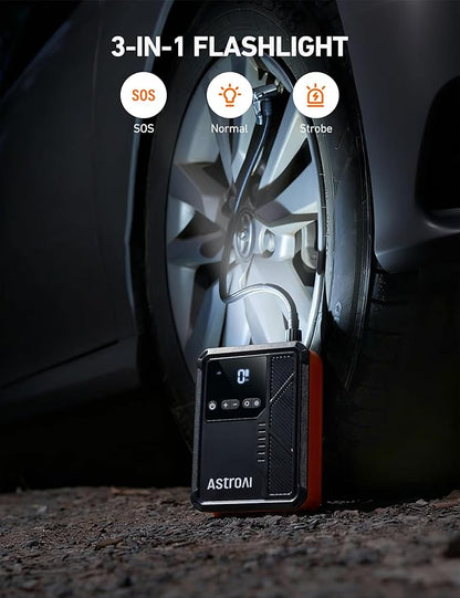 AstroAI Beta822 3000A Jump Starter with Air Compressor, 150PSI Portable Tire Inflator with Auto-Shutoff, 12V Car Battery Booster (9.0 Gas/7.0L Diesel) with LED Light and Jumper Cables, Black