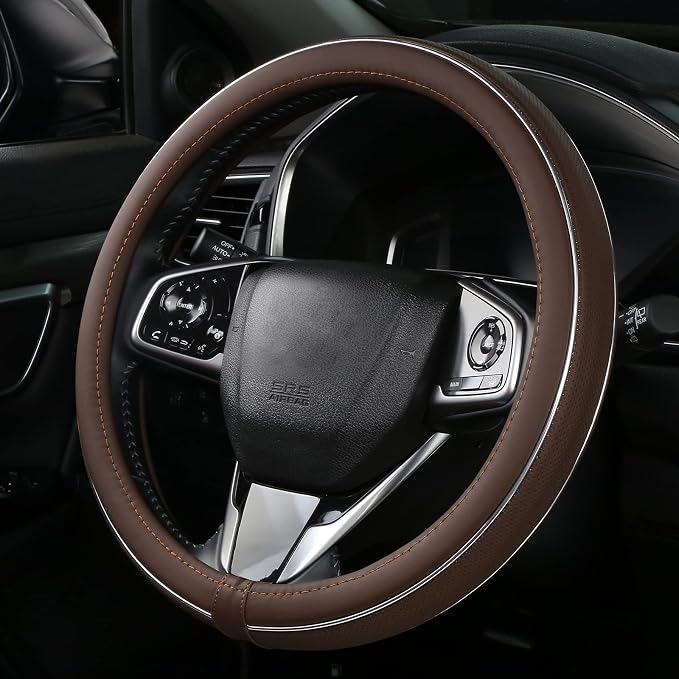 ALEMODR Brown Leather Steering Wheel Cover Fiber Strip Car Steering Wheel Cover Universal 15 inch for Men
