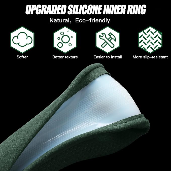 Suede Steering Wheel Cover with Upgraded Silicone Inner Ring, Breathable, Anti-Slip, Leather Universal 14.5 to 15 Inch Steering Wheel Cover (Green with Embossing Pattern)