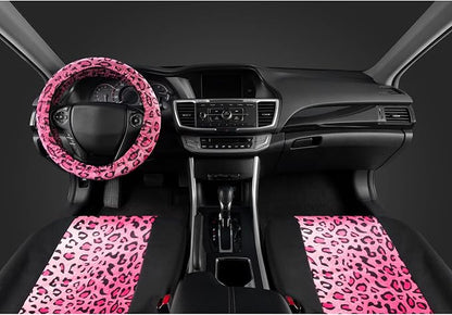 carXS Leopard Print Car Seat Covers Full Set, Includes Matching Seat Belt Pads and Steering Wheel Cover, Two-Tone Cheetah Hot Pink Seat Covers for Women, Car Seat Protector Interior Covers