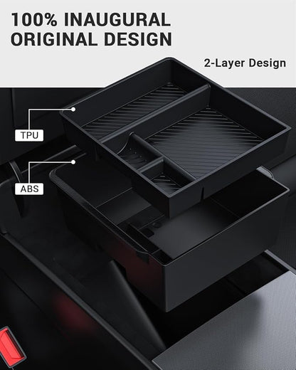 BASENOR 2026 Tesla Model Y Model 3 Armrest Storage Box, Center Console Organizer (Carbon Edition) for Tesla 3 Highland 2024 2025 2026 Model Y 2025 2026 Juniper (Standard/Premium/Performance)