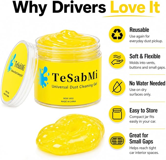 TeSabMi Car Cleaning Gel, Yellow, 160g | Reusable Cleaning Putty, Dust Slime, Air Vents & Dashboard Gaps, Cup Holders & Console Buttons, Vehicle Interior Detailing