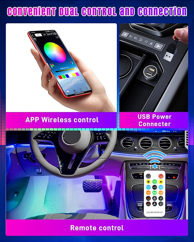 STONEBANKS 5.9FT Car LED Strip Lights, 72LEDs Smart RGB Car Interior Lights with APP & Remote Dual Control, Multicolor Music Sync, Mic Mode 4-in-1 Lines Design LED Lights for Car Decor