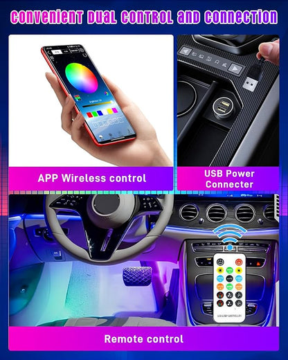 STONEBANKS 5.9FT Car LED Strip Lights, 72LEDs Smart RGB Car Interior Lights with APP & Remote Dual Control, Multicolor Music Sync, Mic Mode 4-in-1 Lines Design LED Lights for Car Decor