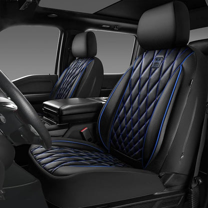 CAR PASS Piping Luxury PU Leather Two Front Car Seat Covers,Waterproof Anti- Slip Seat Covers Compatible with Front Seat Armrests,Universal Fit for Suvs,Vans,Trucks,Airbag Compatible(Black and Blue)