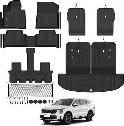 Tongama-Floor Mats for 2021-2026 Kia Sorento Gas 6 Seats/Captain Seat (Not for Hybrid), All Weather TPE Trunk Mat with Backrest Mat & 2nd Row Backrest Mats & Cargo Net & Door Sill Guards