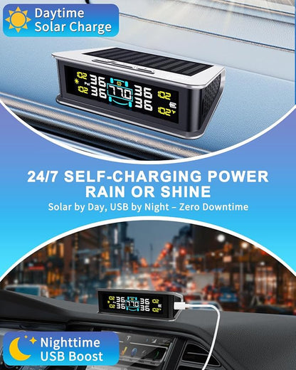RV Tire Pressure Monitoring System (TPMS) - TPMS Sensors Set of 4 with 6 Alarm Modes | Solar/USB Charger | LCD Display | for RV/Truck/SUV/MPV/Sedan