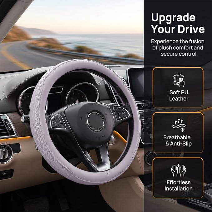 Zpana Car Steering Wheel Cover, 14.5-15" Breathable Soft Leather Vehicle Steering Wheel Protector with Anti-Slip Lining, Comfortable Auto Interior Decoration Accessories, Universal Fit (Purple)