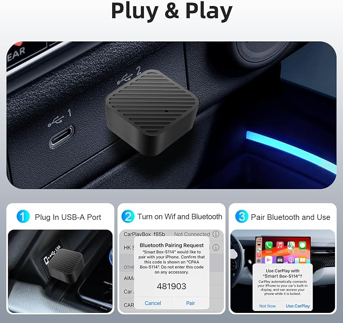 2025 Tiny Wireless CarPlay Adapter Android Auto Dongle for iPhone & Android Plug & Play Fits Most Cars 2015+ USB Type-C Compact Design