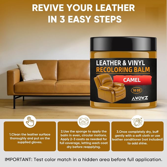 Leather Recoloring Balm - Scratch Repair & Color Restore Kit for Faded Leather, Leather Couch & Car Seats - 10OZ Leather Restorer Balm for Furniture, Auto Interior, Vinyl, Accessories (Camel)