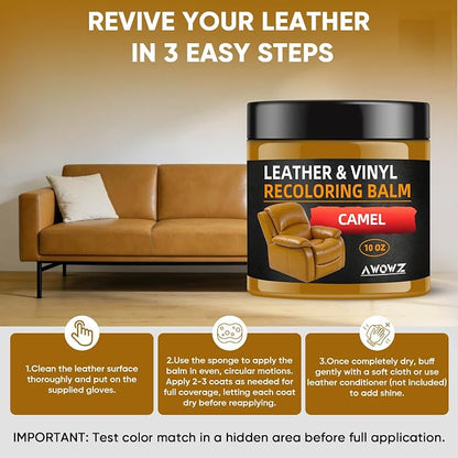 Leather Recoloring Balm - Scratch Repair & Color Restore Kit for Faded Leather, Leather Couch & Car Seats - 10OZ Leather Restorer Balm for Furniture, Auto Interior, Vinyl, Accessories (Camel)